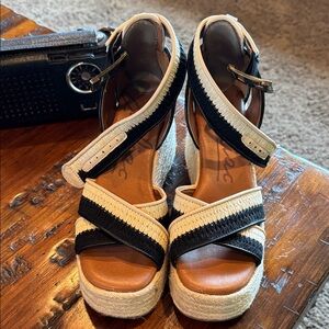Zodiac Black and Cream Strappy Wedge Sandals